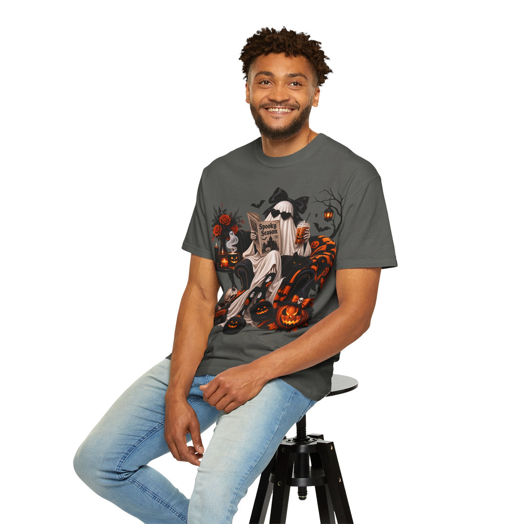 Halloween Ghost Reading T-Shirt — Spooky Pumpkin & 'Spooky Season' Graphic