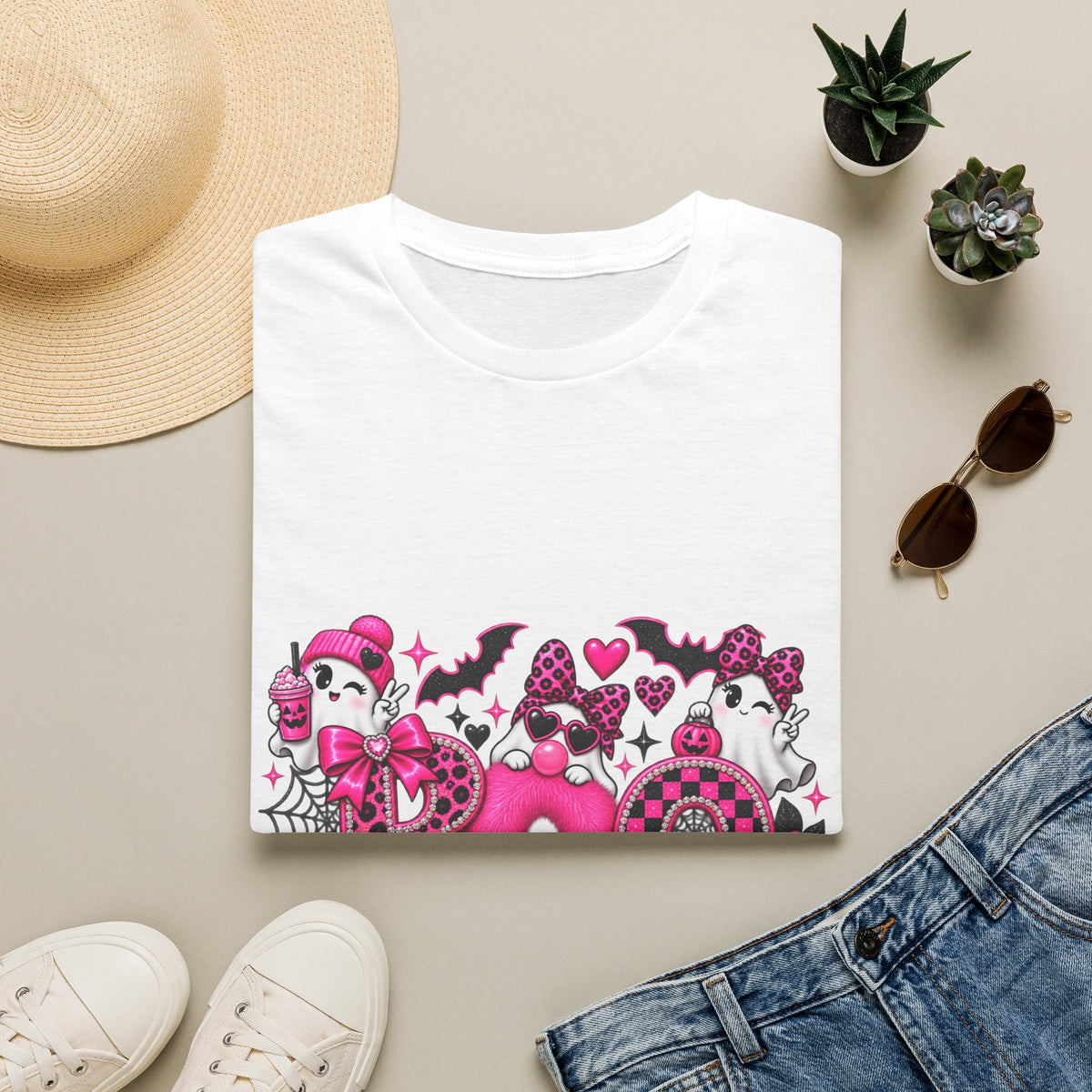 Boo! Pink Gothic Halloween T-Shirt — Cute Ghosts, Bats & Hearts Design
