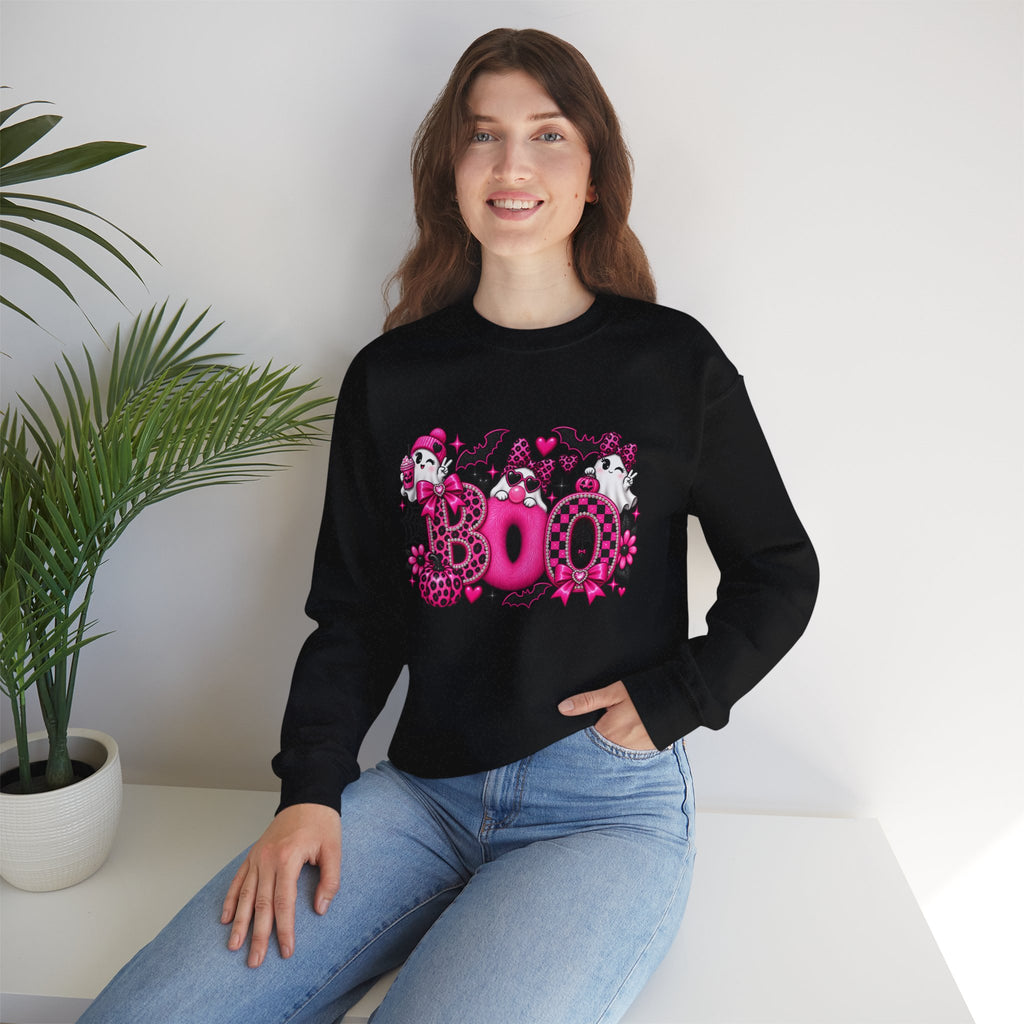 Halloween 'Boo' Graphic Sweatshirt — Cute Pink Ghosts & Bats Cozy Pullover
