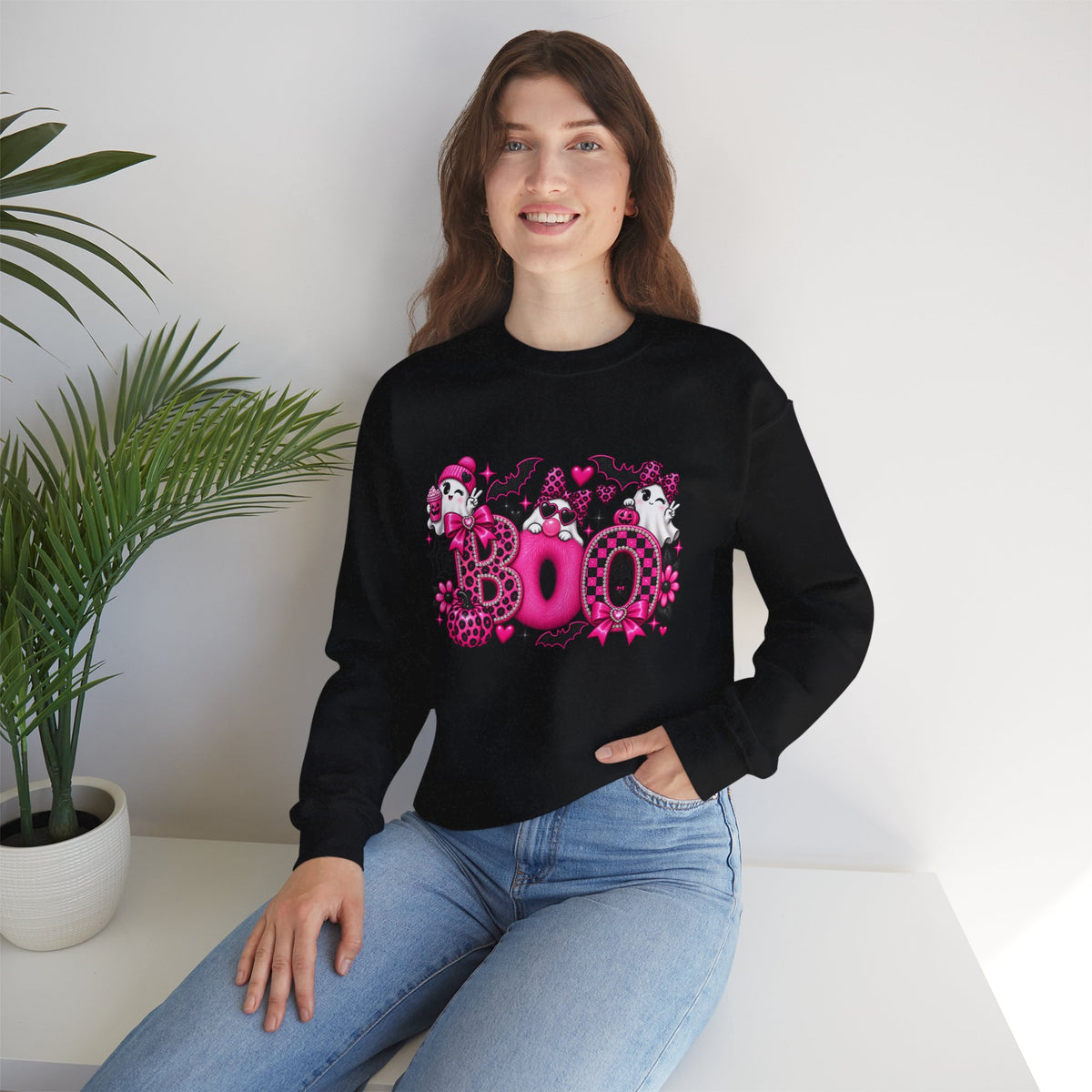 Halloween 'Boo' Graphic Sweatshirt — Cute Pink Ghosts & Bats Cozy Pullover