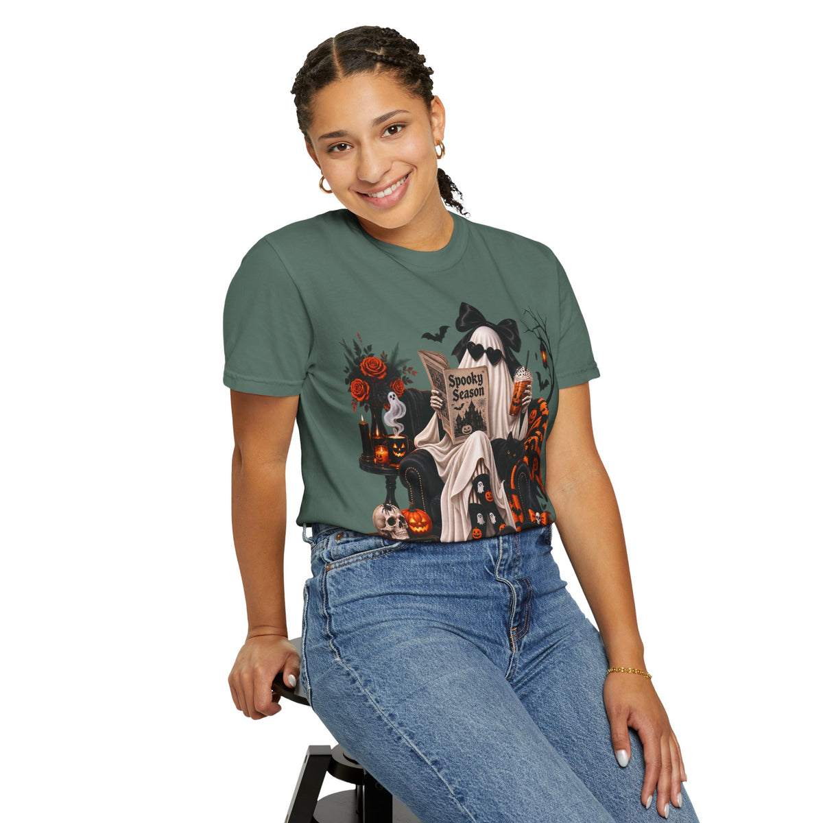 Halloween Ghost Reading T-Shirt — Spooky Pumpkin & 'Spooky Season' Graphic