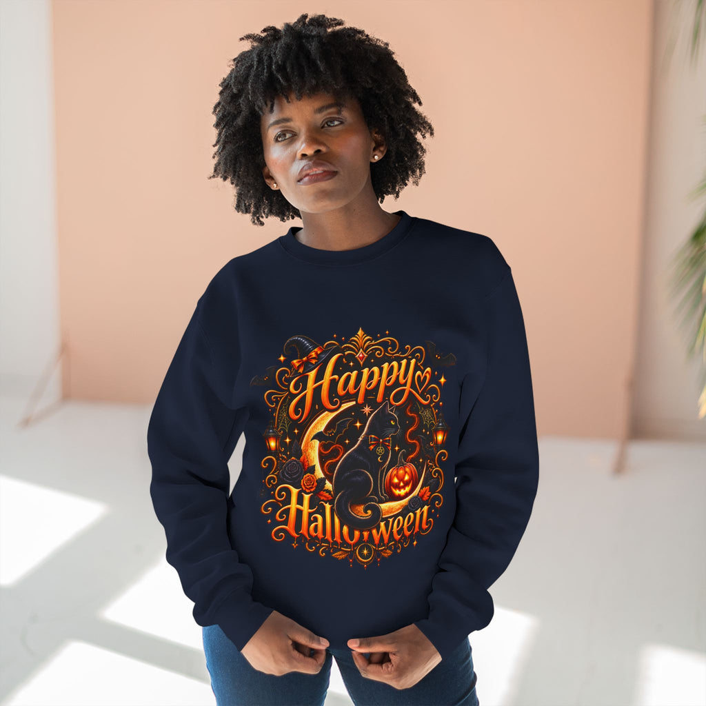 Happy Halloween Crewneck Sweatshirt — Festive Pumpkin & Witch Hat Holiday Sweater