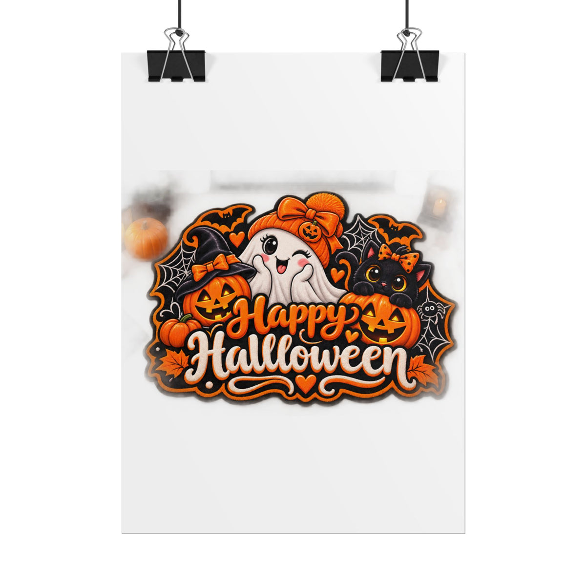 Happy Halloween Rolled Poster — Cute Ghost, Pumpkins & Black Cat Halloween Wall Art