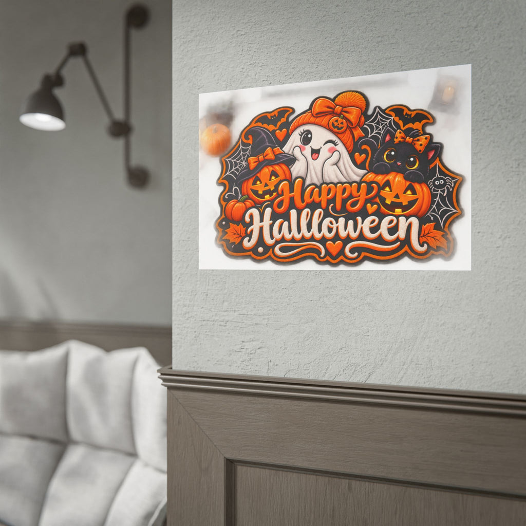 Happy Halloween Rolled Poster — Cute Ghost, Pumpkins & Black Cat Halloween Wall Art