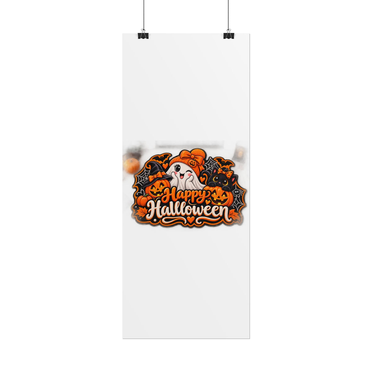 Happy Halloween Rolled Poster — Cute Ghost, Pumpkins & Black Cat Halloween Wall Art