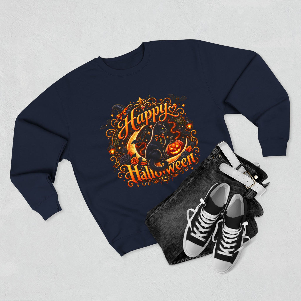 Happy Halloween Crewneck Sweatshirt — Festive Pumpkin & Witch Hat Holiday Sweater
