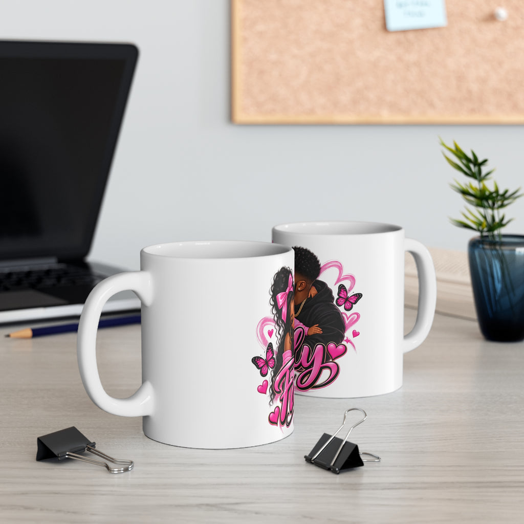 Family Love Mug — Black Family Coffee Cup with Pink Heart & Butterfly Design (11oz)