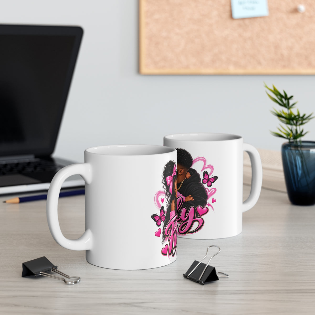 Family Love Mug — Black Family Coffee Cup with Pink Heart & Butterfly Design (11oz)