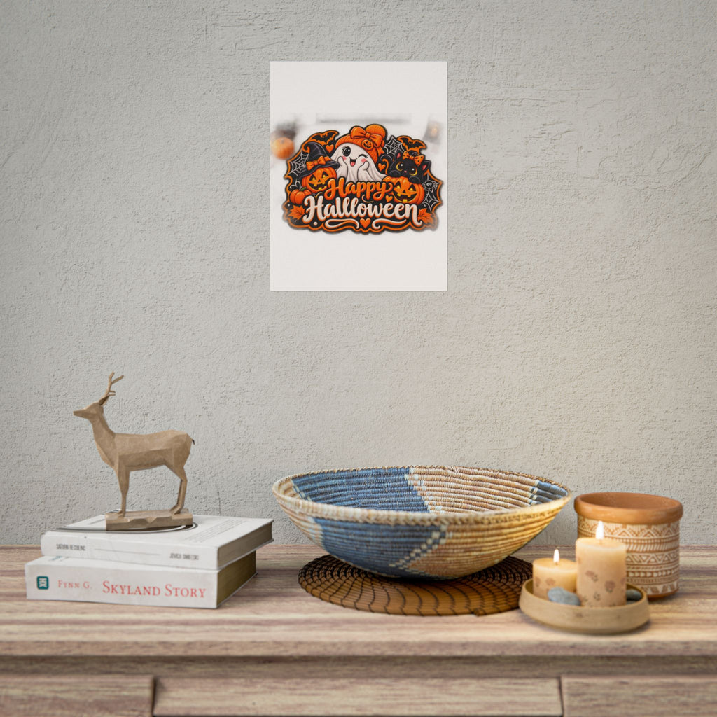Happy Halloween Rolled Poster — Cute Ghost, Pumpkins & Black Cat Halloween Wall Art