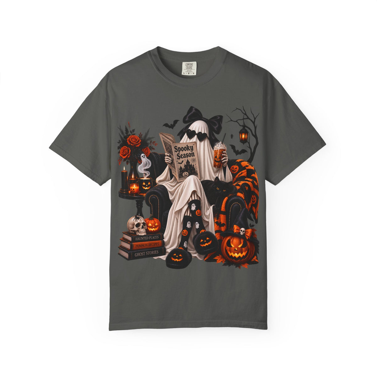 Halloween Ghost Reading T-Shirt — Spooky Pumpkin & 'Spooky Season' Graphic