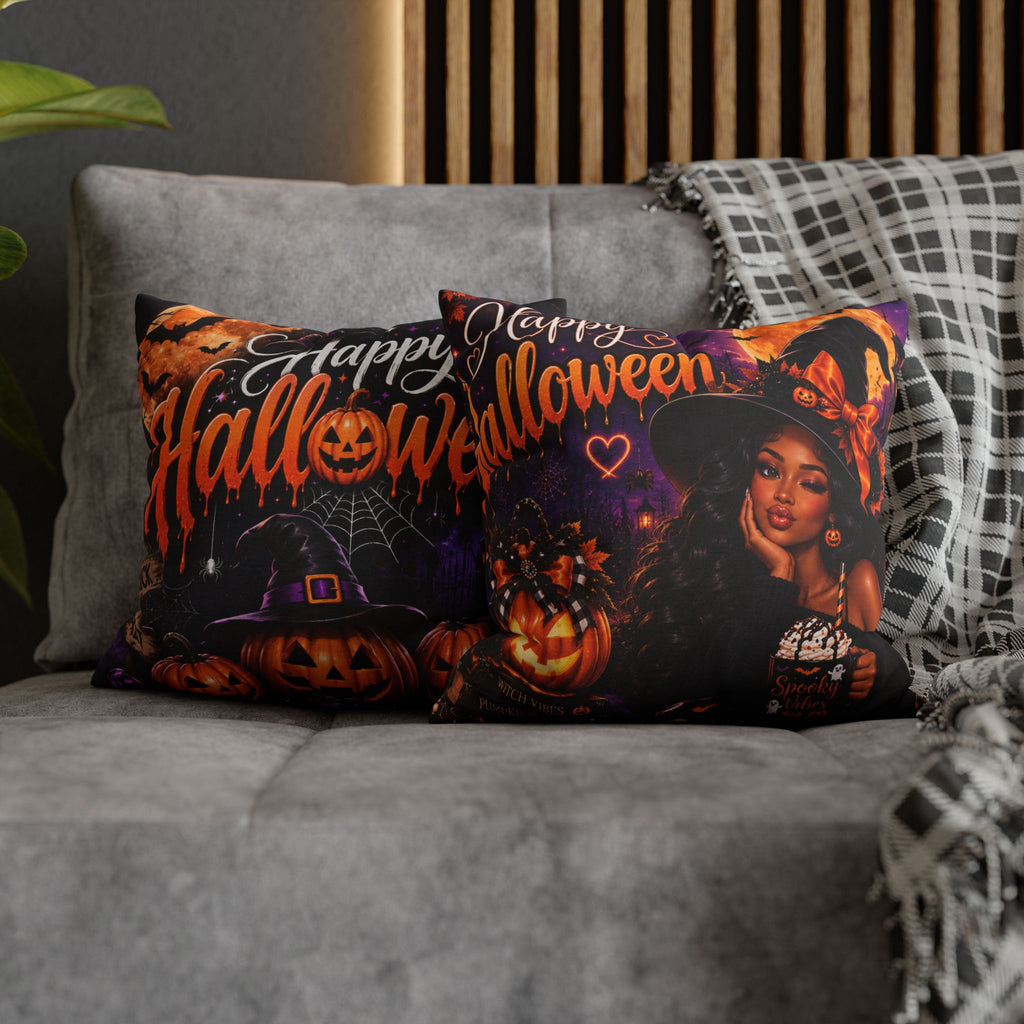 Halloween Witch Pillowcase — "Happy Halloween" Black Girl Witch Decorative Throw Pillow Cover
