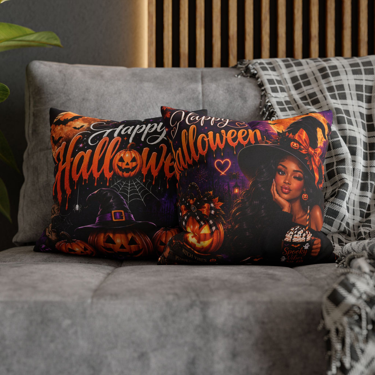 Halloween Witch Pillowcase — "Happy Halloween" Black Girl Witch Decorative Throw Pillow Cover
