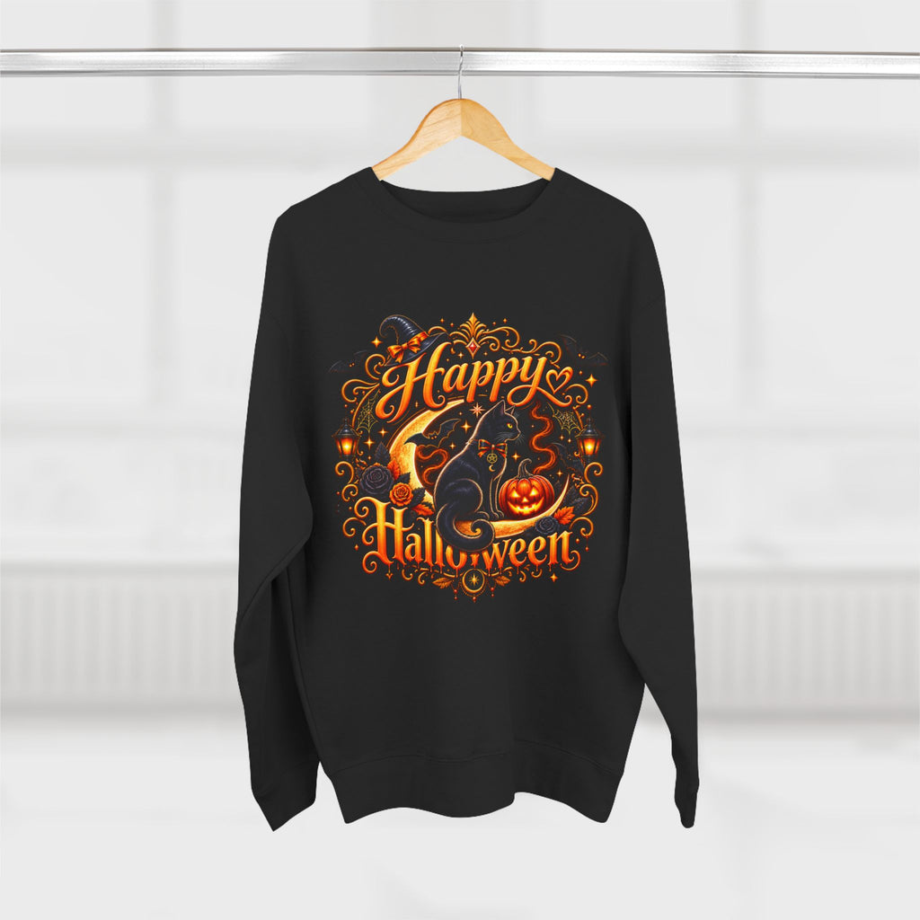 Happy Halloween Crewneck Sweatshirt — Festive Pumpkin & Witch Hat Holiday Sweater