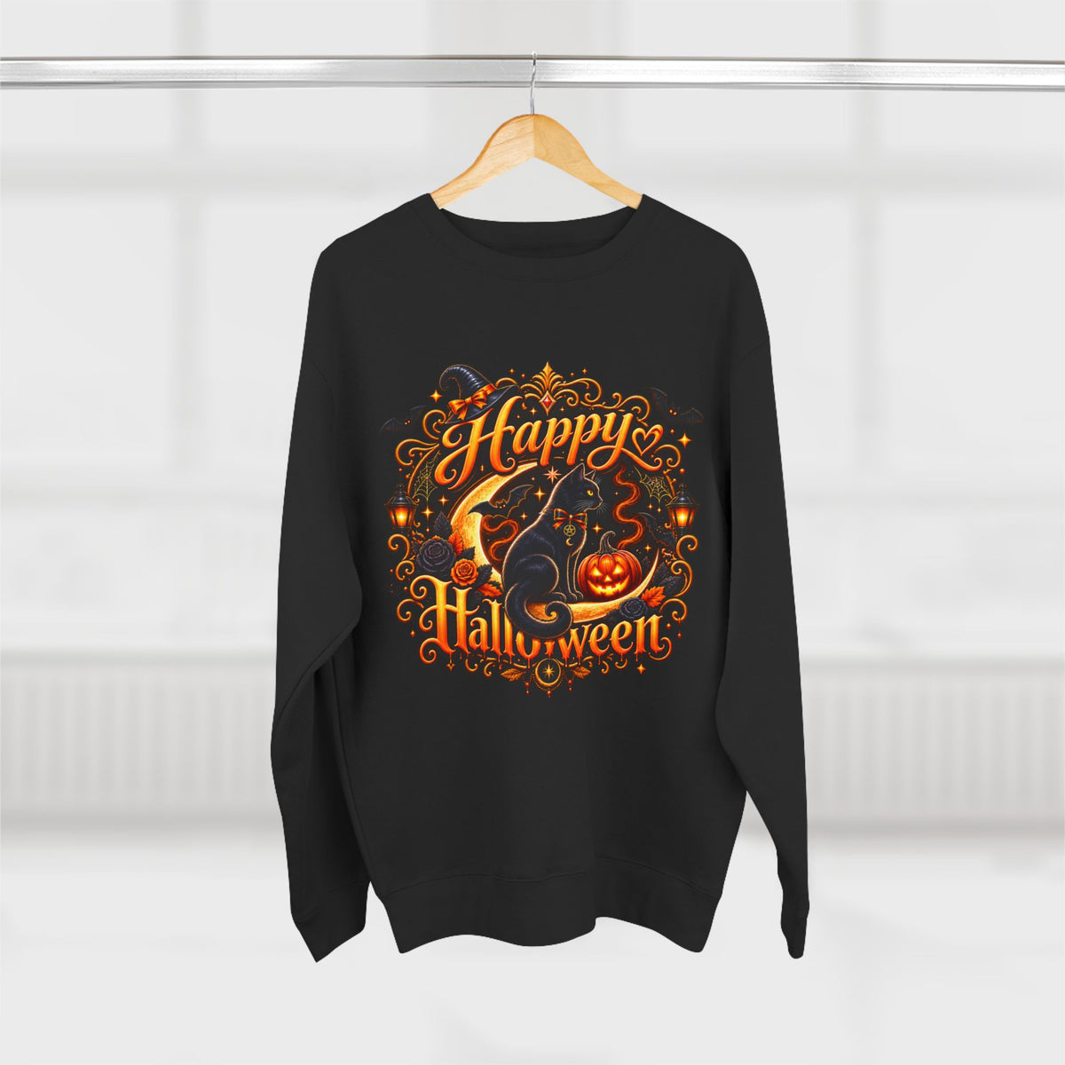 Happy Halloween Crewneck Sweatshirt — Festive Pumpkin & Witch Hat Holiday Sweater