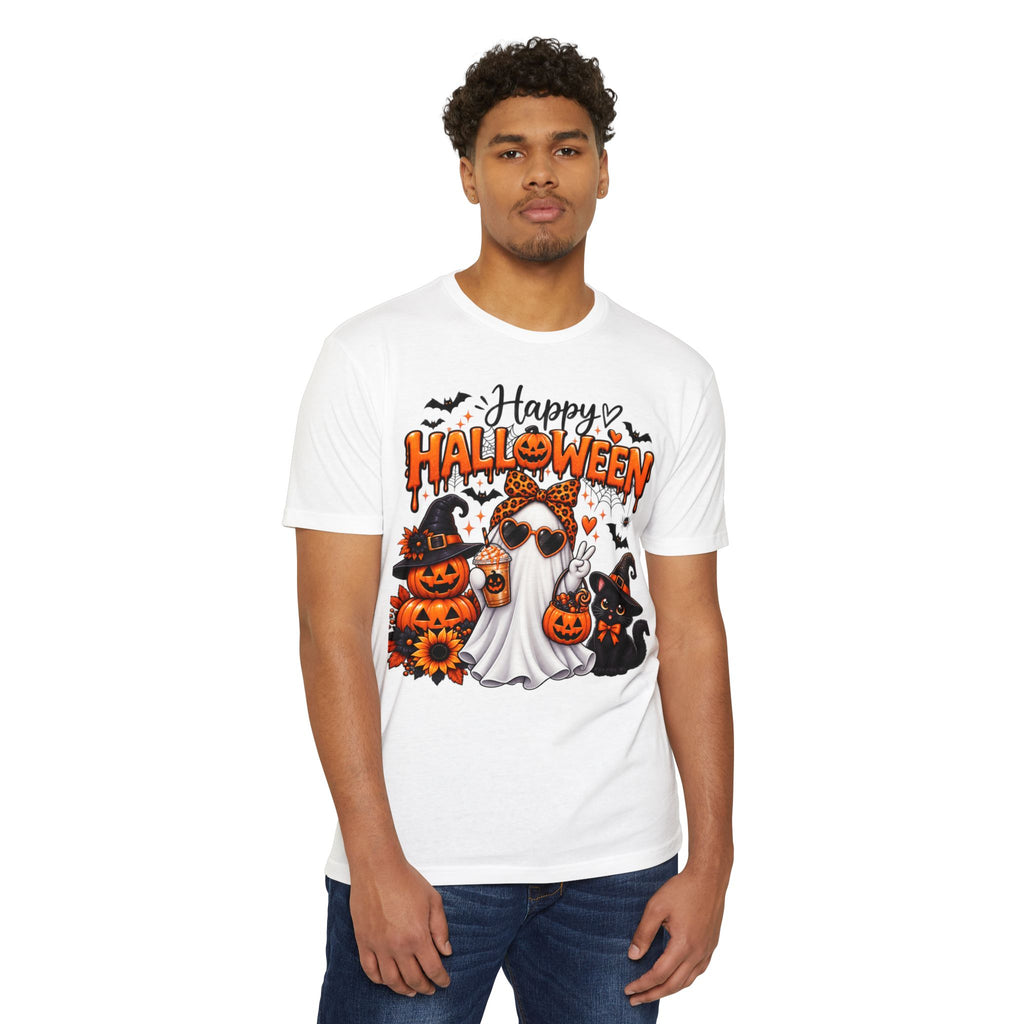 Halloween Ghost Tee - "Happy Halloween" Cute Pumpkin & Black Cat Graphic T-Shirt