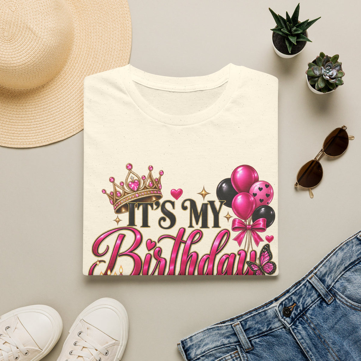Birthday T-Shirt – “It’s My Birthday” Pink Crown & Balloons | Custom Birthday Shirt