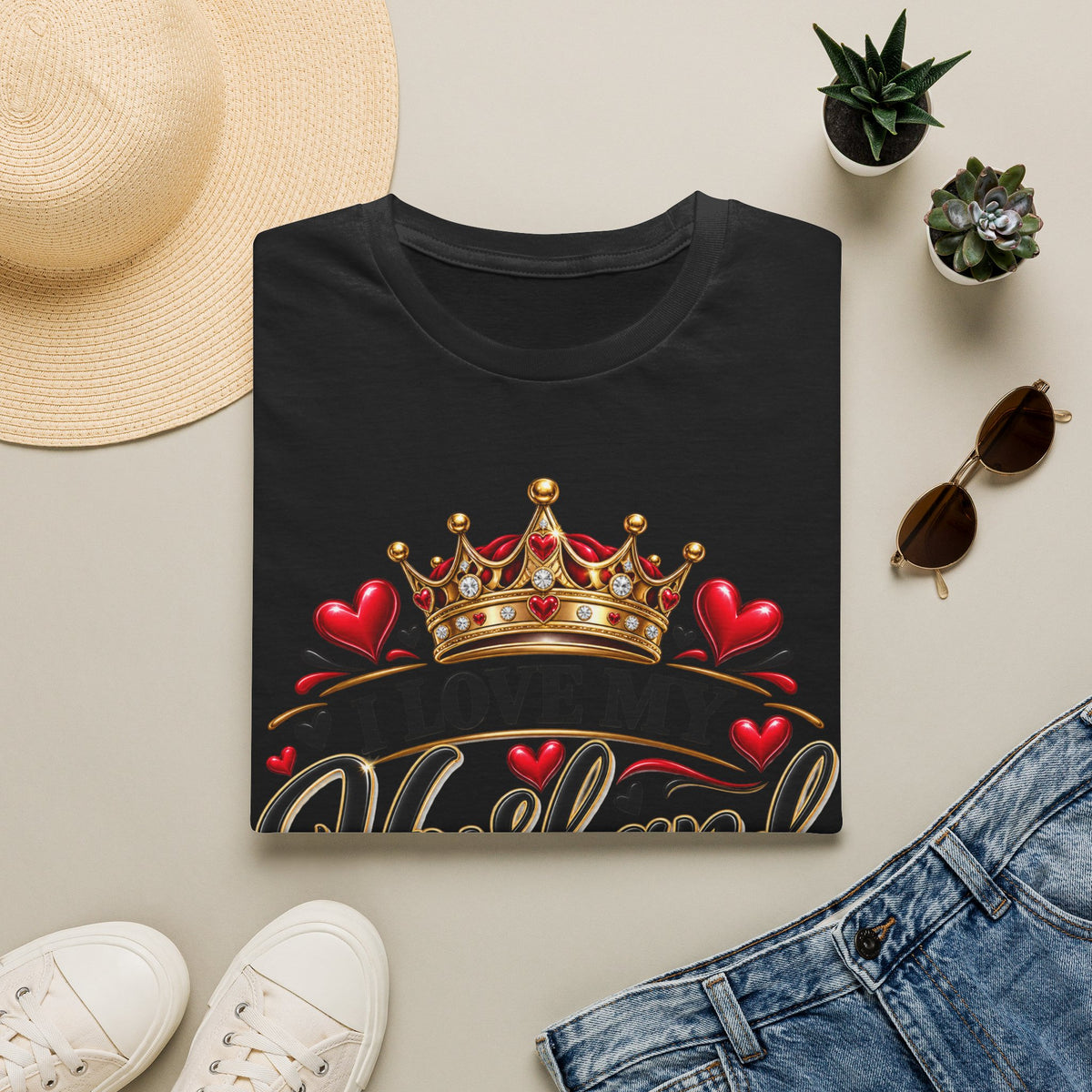 I Love My Husband T‑Shirt — Crown & Hearts Romantic Gift for Wife (My King, My Heart)