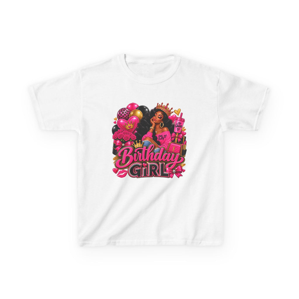 Birthday Girl Kids Tee — Pink Balloons & Crown Birthday Shirt