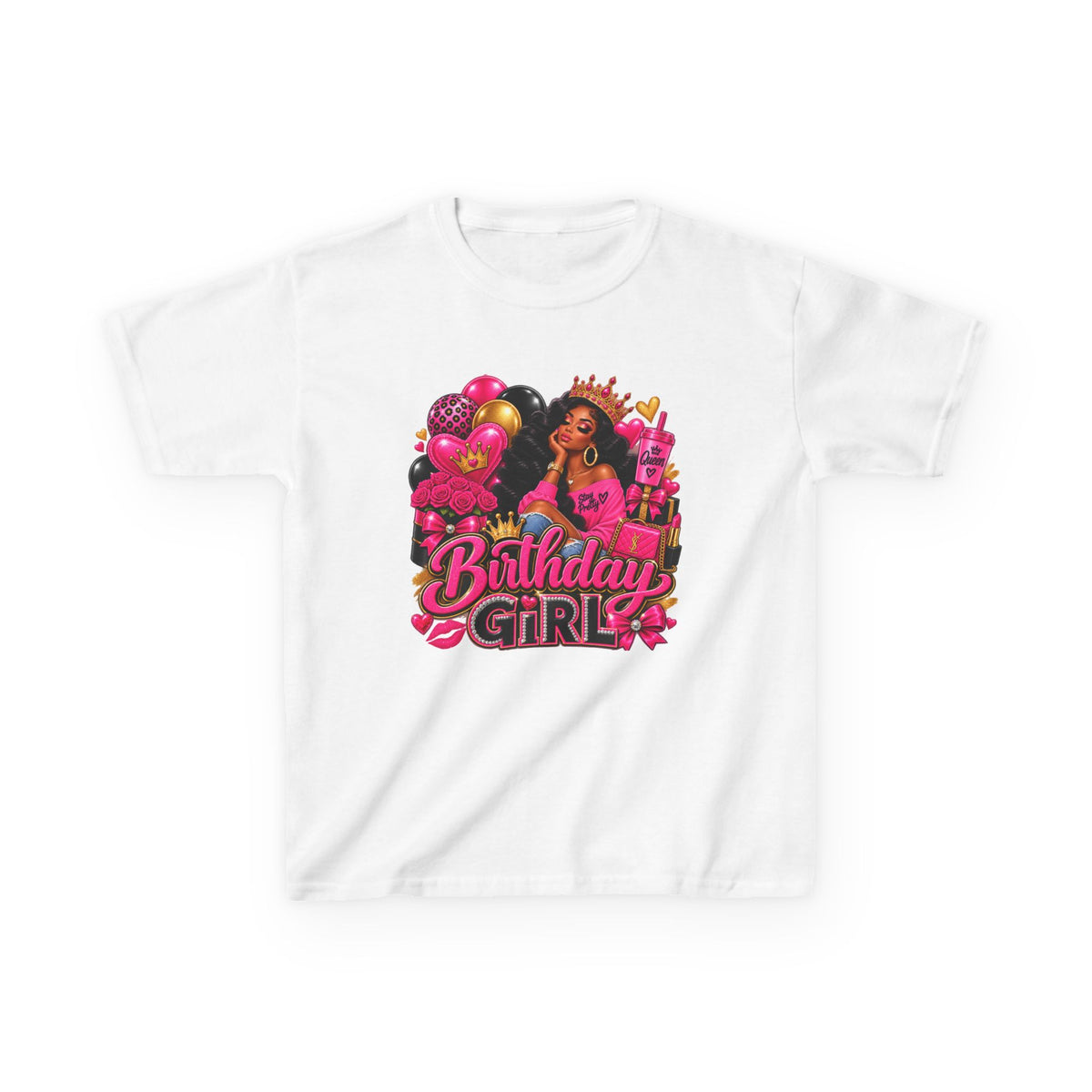 Birthday Girl Kids Tee — Pink Balloons & Crown Birthday Shirt