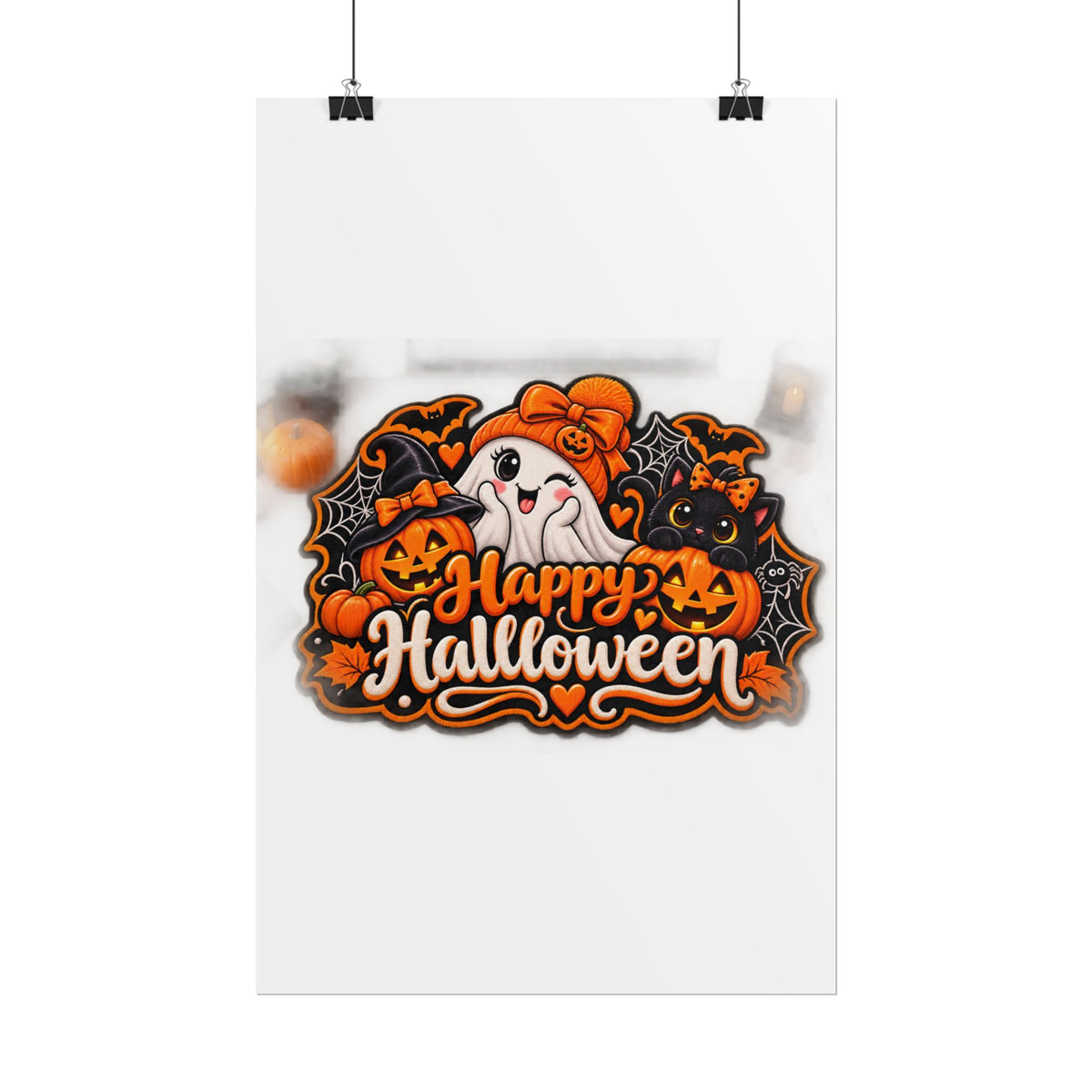 Happy Halloween Rolled Poster — Cute Ghost, Pumpkins & Black Cat Halloween Wall Art