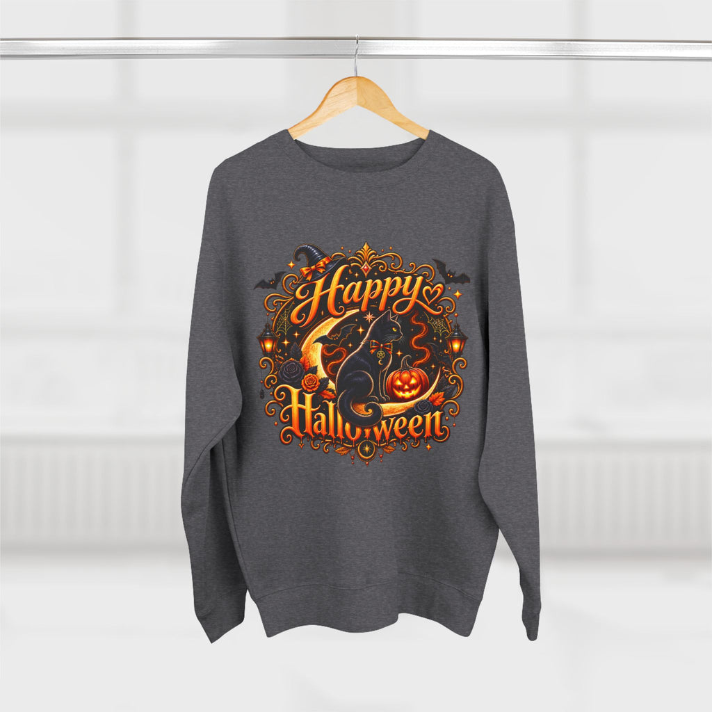 Happy Halloween Crewneck Sweatshirt — Festive Pumpkin & Witch Hat Holiday Sweater
