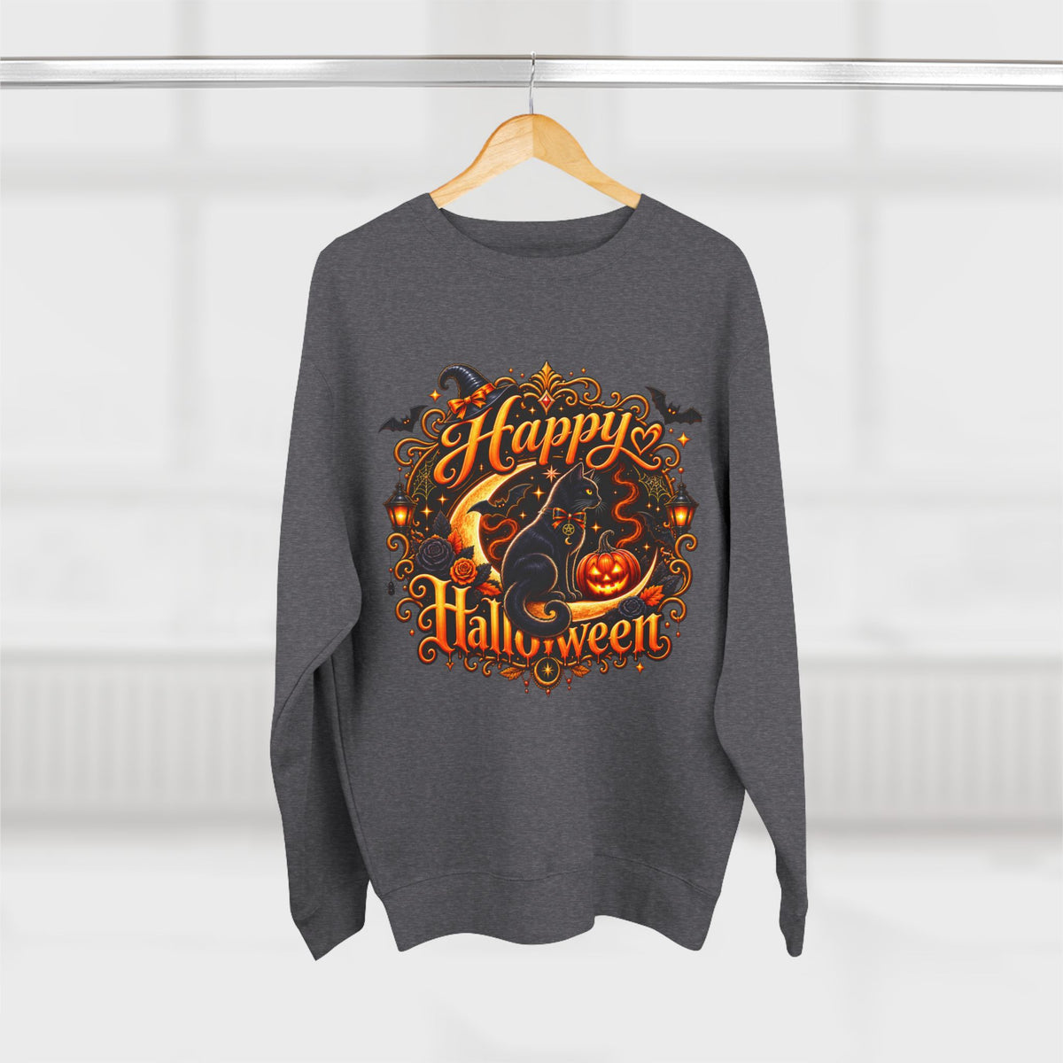 Happy Halloween Crewneck Sweatshirt — Festive Pumpkin & Witch Hat Holiday Sweater