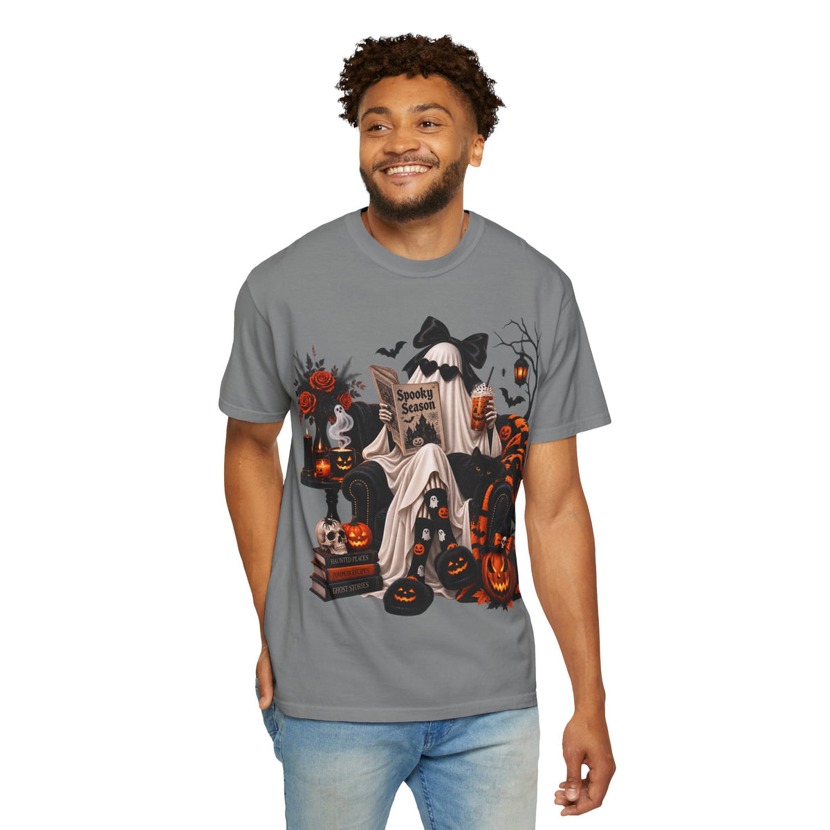 Halloween Ghost Reading T-Shirt — Spooky Pumpkin & 'Spooky Season' Graphic