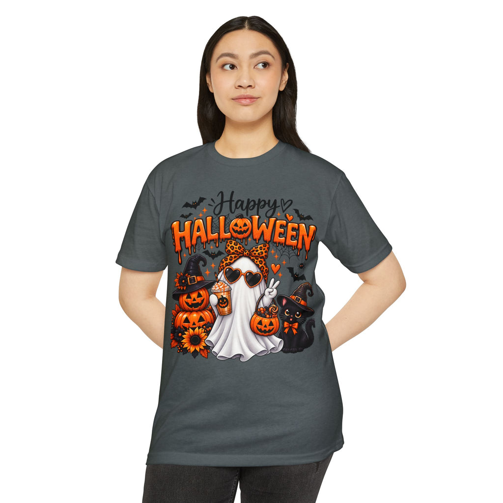 Halloween Ghost Tee - "Happy Halloween" Cute Pumpkin & Black Cat Graphic T-Shirt