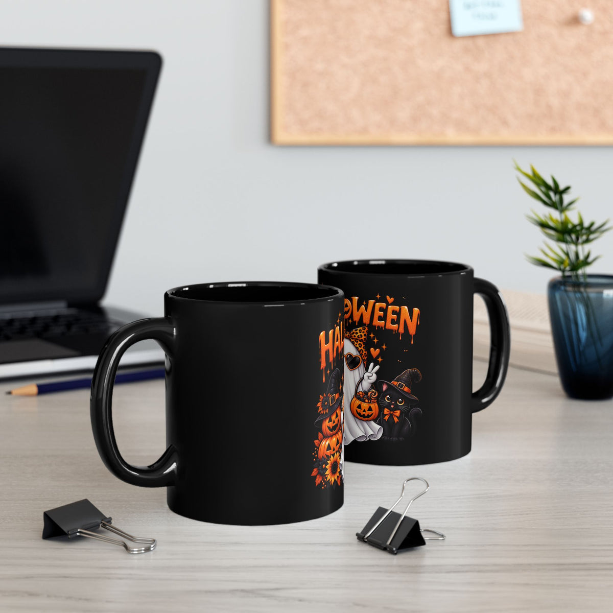 Halloween Ghost & Pumpkins Black Mug – Cute Spooky Coffee Cup (11oz/15oz)