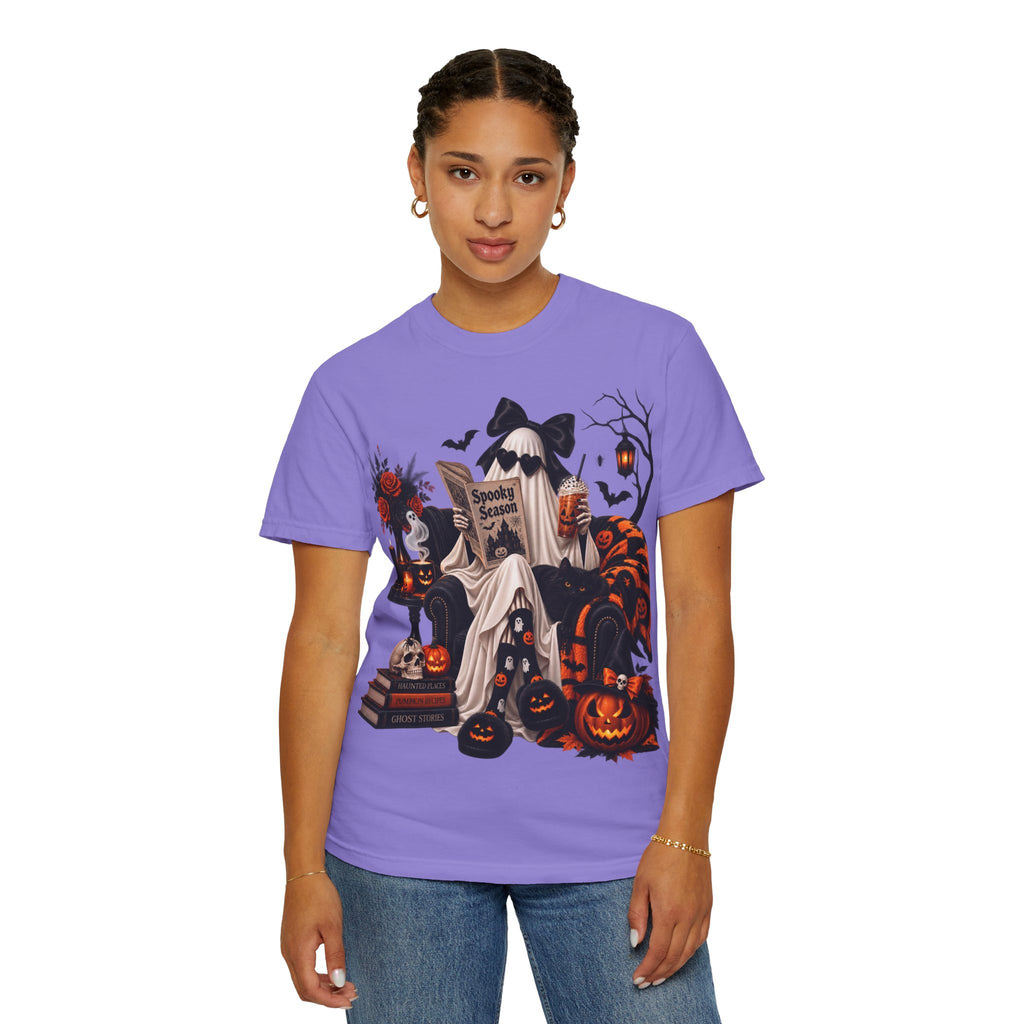 Halloween Ghost Reading T-Shirt — Spooky Pumpkin & 'Spooky Season' Graphic