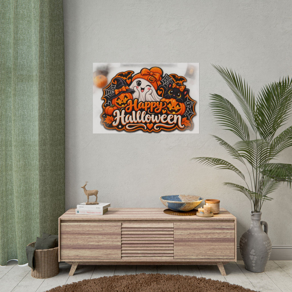 Happy Halloween Rolled Poster — Cute Ghost, Pumpkins & Black Cat Halloween Wall Art