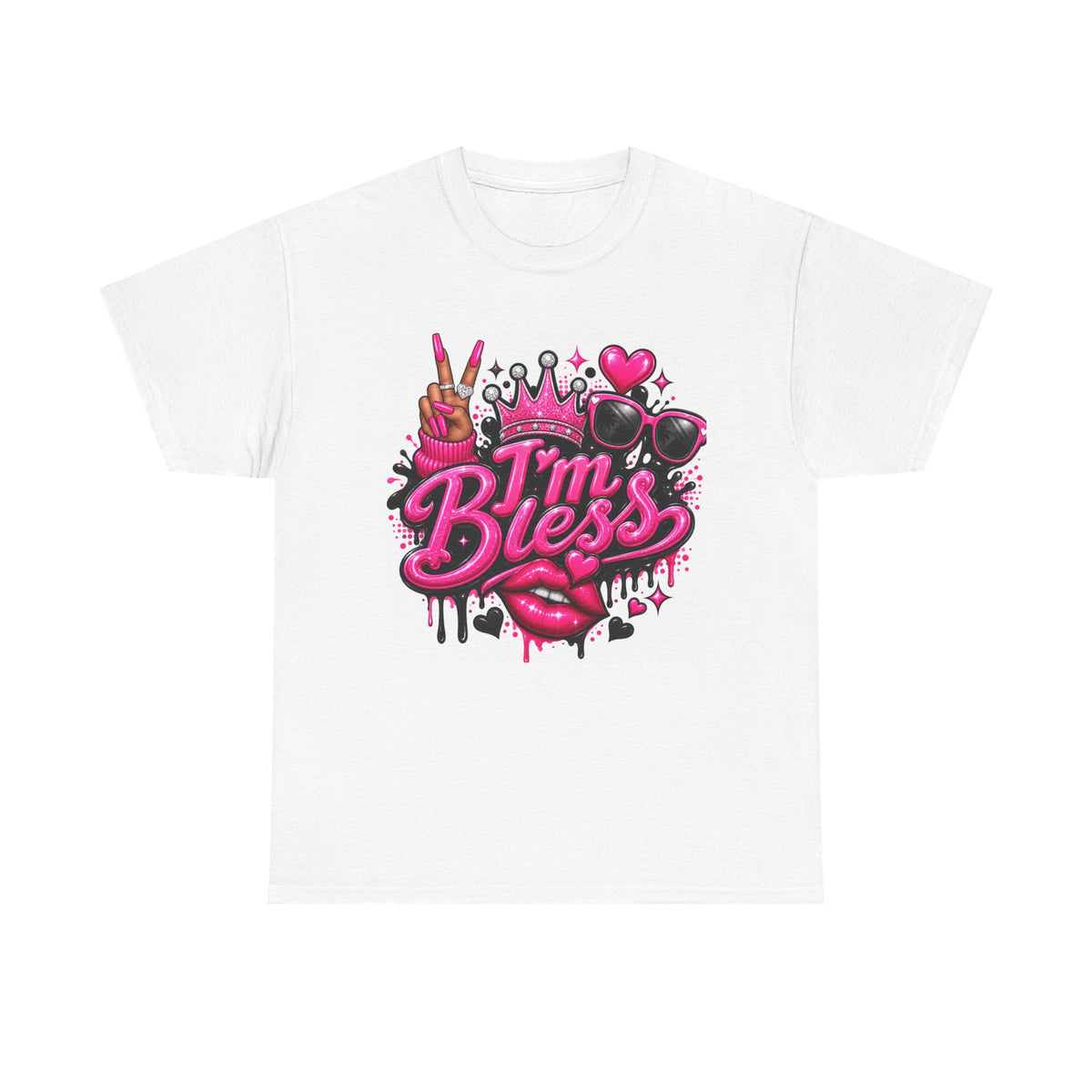 I’m Bless Graphic Tee — Pink Crown, Peace Sign & Lip Streetwear Shirt