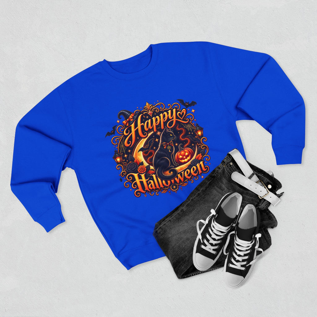 Happy Halloween Crewneck Sweatshirt — Festive Pumpkin & Witch Hat Holiday Sweater