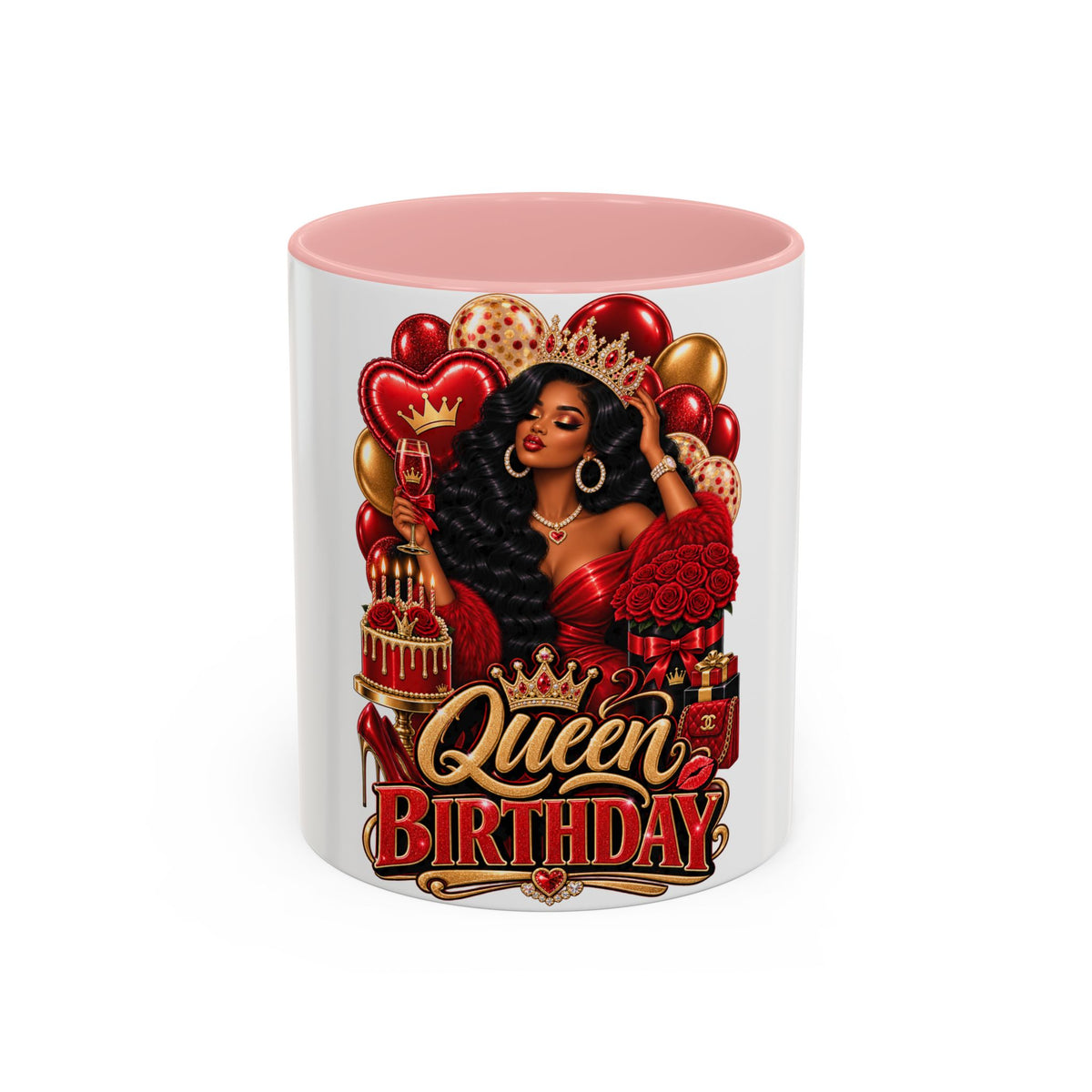 Queen Birthday Coffee Mug — Black Woman Birthday Gift, 'Queen' Red & Gold Accent Mug (11/15oz)