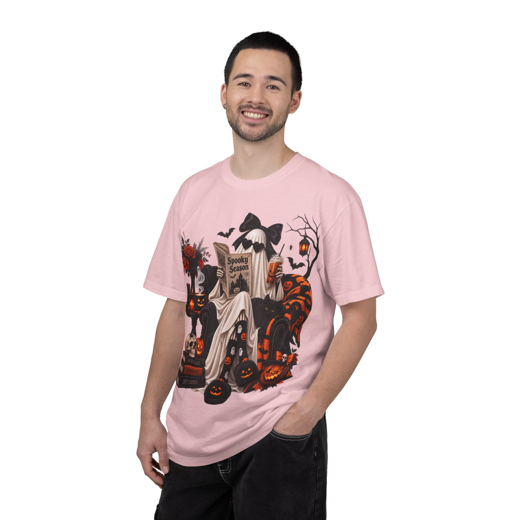 Halloween Ghost Reading T-Shirt — Spooky Pumpkin & 'Spooky Season' Graphic