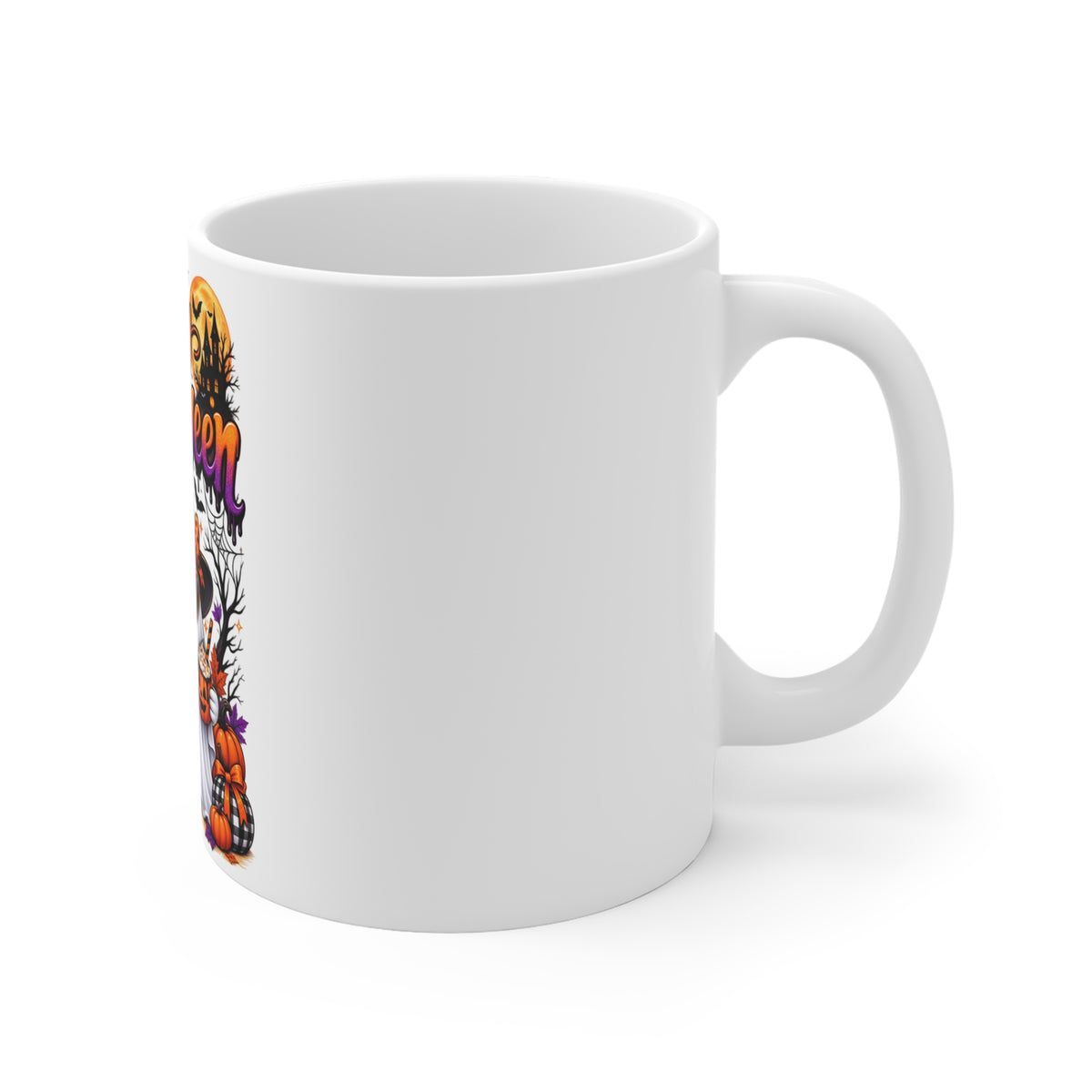 Happy Halloween Ghost Mug — Cute Trick-or-Treat Pumpkin & Black Cat Coffee Cup (11 oz)