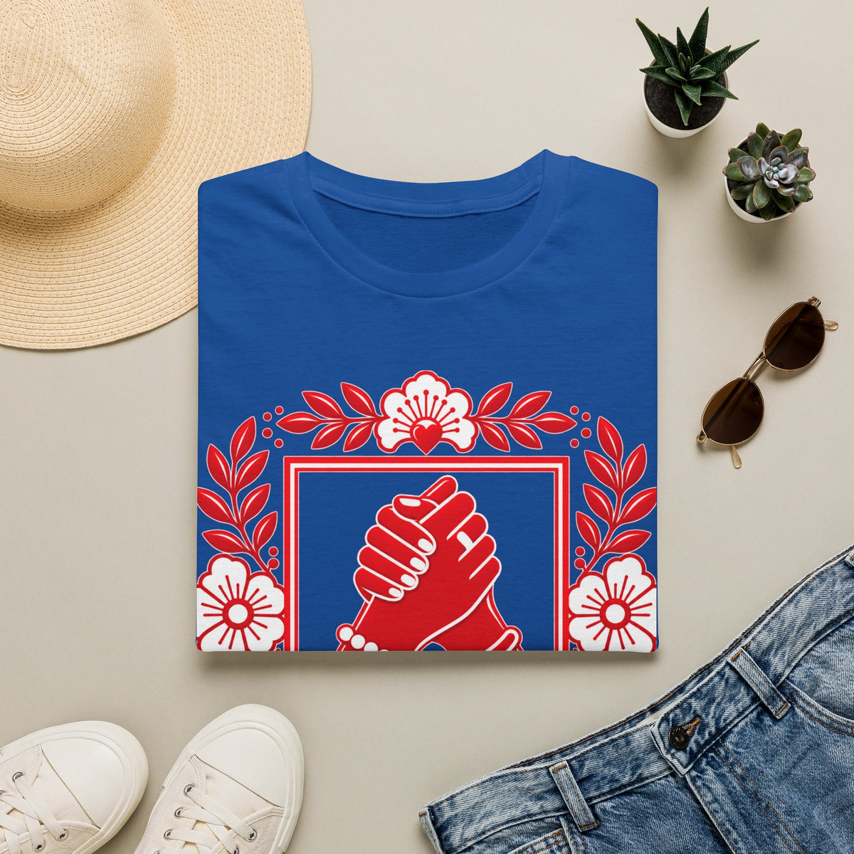 We Rise Together T-Shirt — Red Floral Unity Design