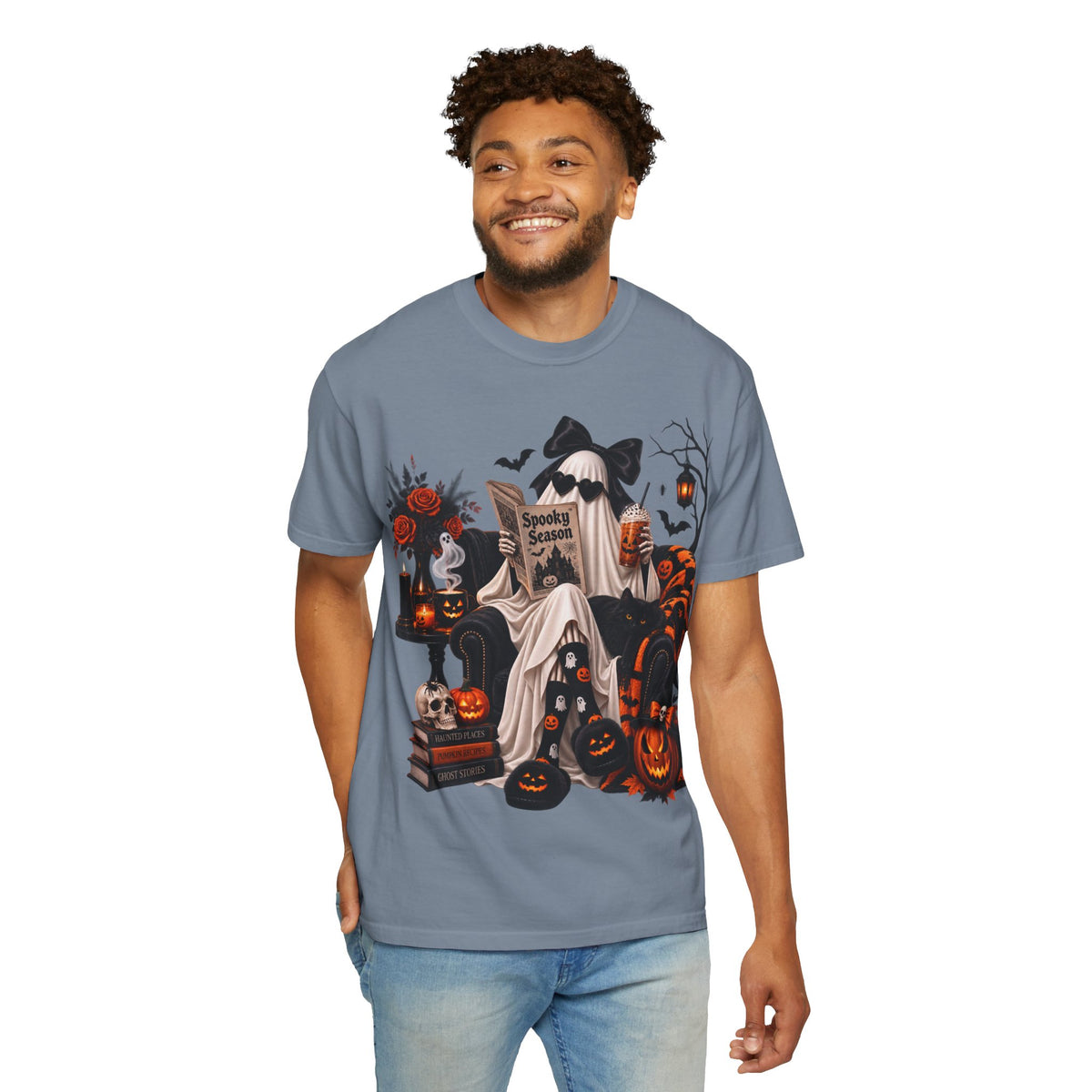 Halloween Ghost Reading T-Shirt — Spooky Pumpkin & 'Spooky Season' Graphic
