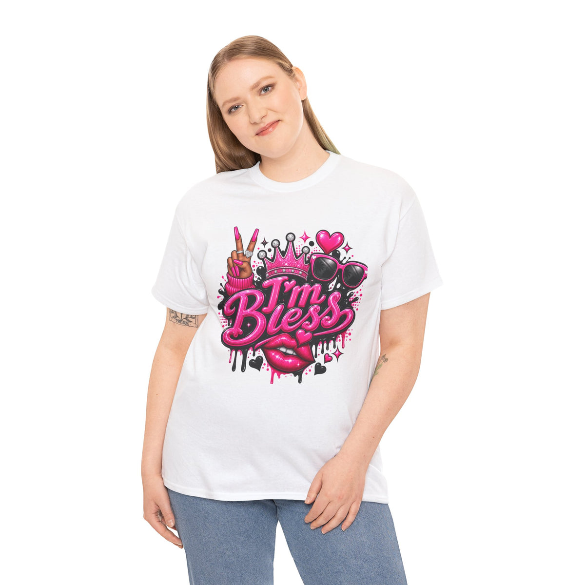 I’m Bless Graphic Tee — Pink Crown, Peace Sign & Lip Streetwear Shirt