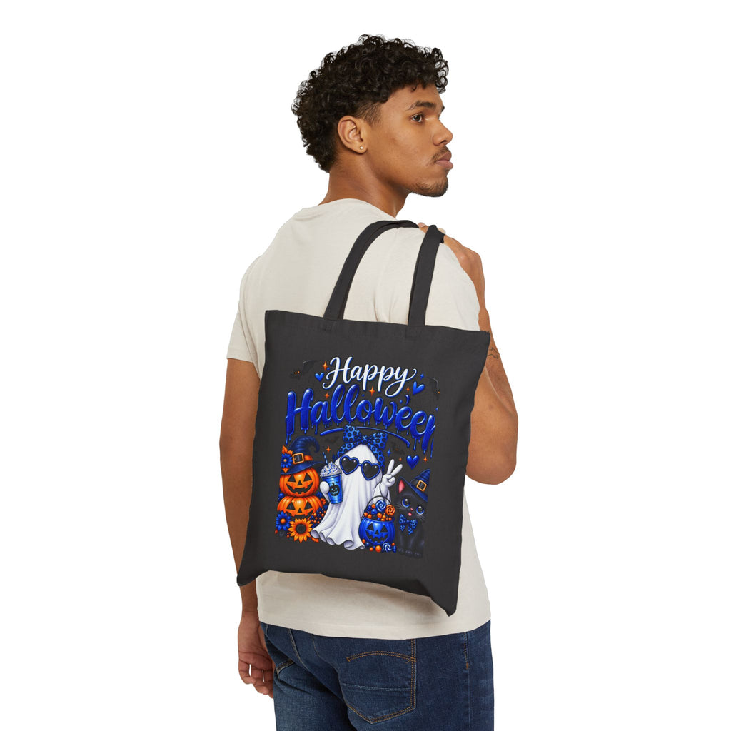 Halloween Ghost & Cats Cotton Tote Bag — "Happy Halloween" Trick-or-Treat Canvas Shopper