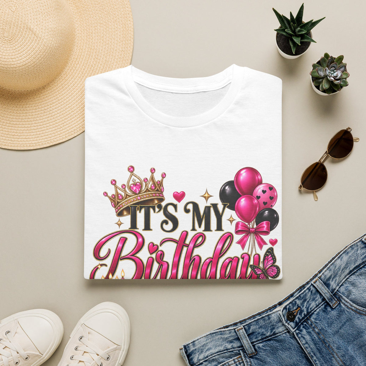 Birthday T-Shirt – “It’s My Birthday” Pink Crown & Balloons | Custom Birthday Shirt