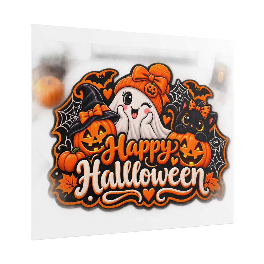 Happy Halloween Rolled Poster — Cute Ghost, Pumpkins & Black Cat Halloween Wall Art