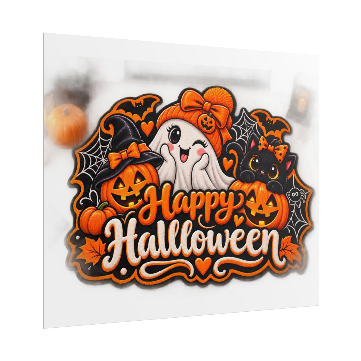 Happy Halloween Rolled Poster — Cute Ghost, Pumpkins & Black Cat Halloween Wall Art