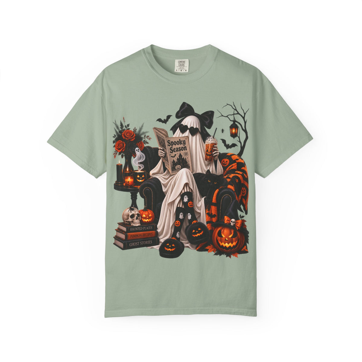 Halloween Ghost Reading T-Shirt — Spooky Pumpkin & 'Spooky Season' Graphic