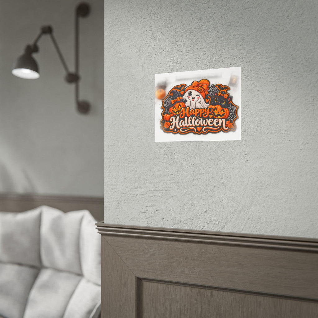 Happy Halloween Rolled Poster — Cute Ghost, Pumpkins & Black Cat Halloween Wall Art