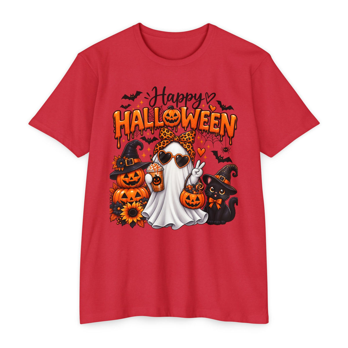 Halloween Ghost Tee - "Happy Halloween" Cute Pumpkin & Black Cat Graphic T-Shirt
