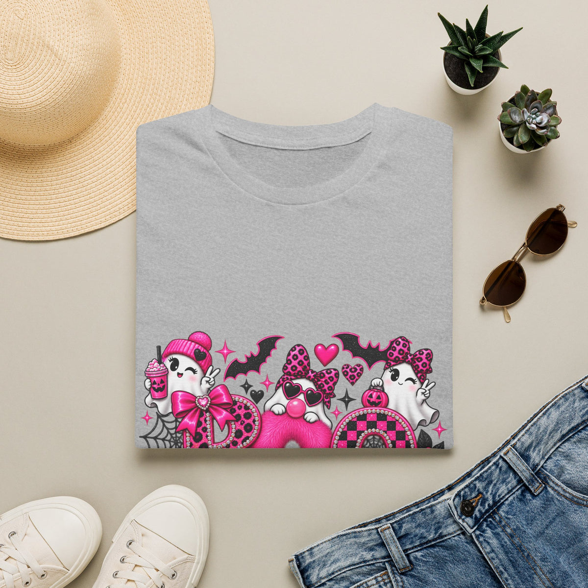 Boo! Pink Gothic Halloween T-Shirt — Cute Ghosts, Bats & Hearts Design