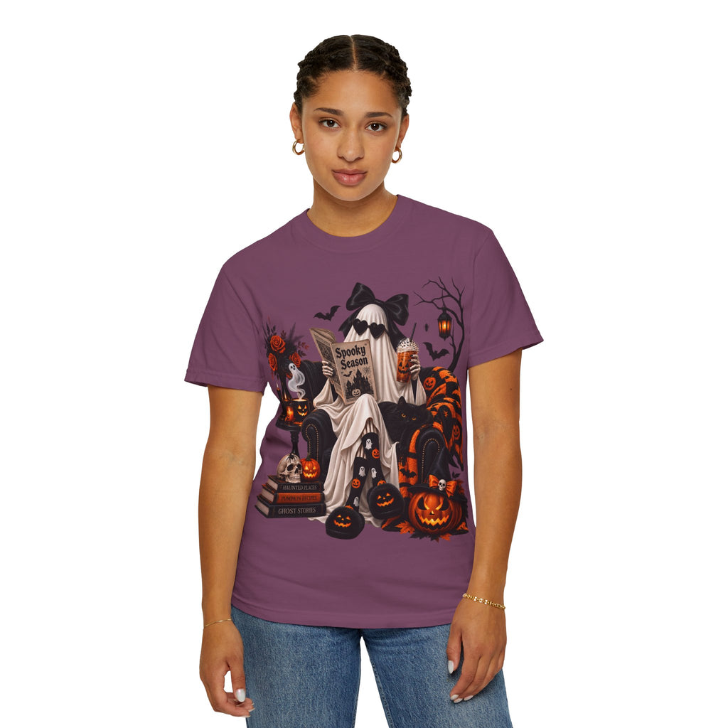 Halloween Ghost Reading T-Shirt — Spooky Pumpkin & 'Spooky Season' Graphic
