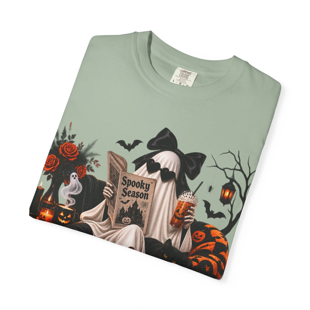Halloween Ghost Reading T-Shirt — Spooky Pumpkin & 'Spooky Season' Graphic