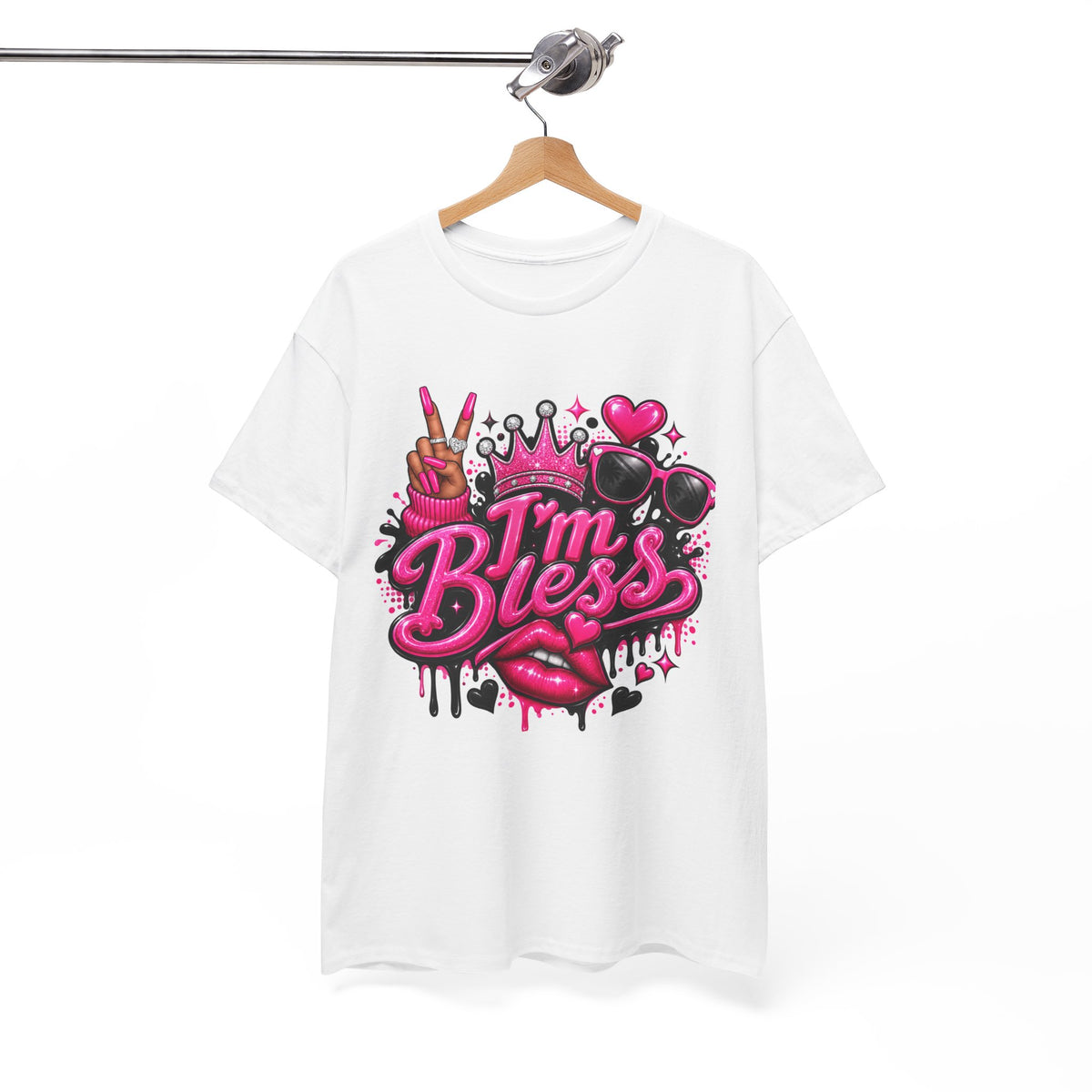 I’m Bless Graphic Tee — Pink Crown, Peace Sign & Lip Streetwear Shirt
